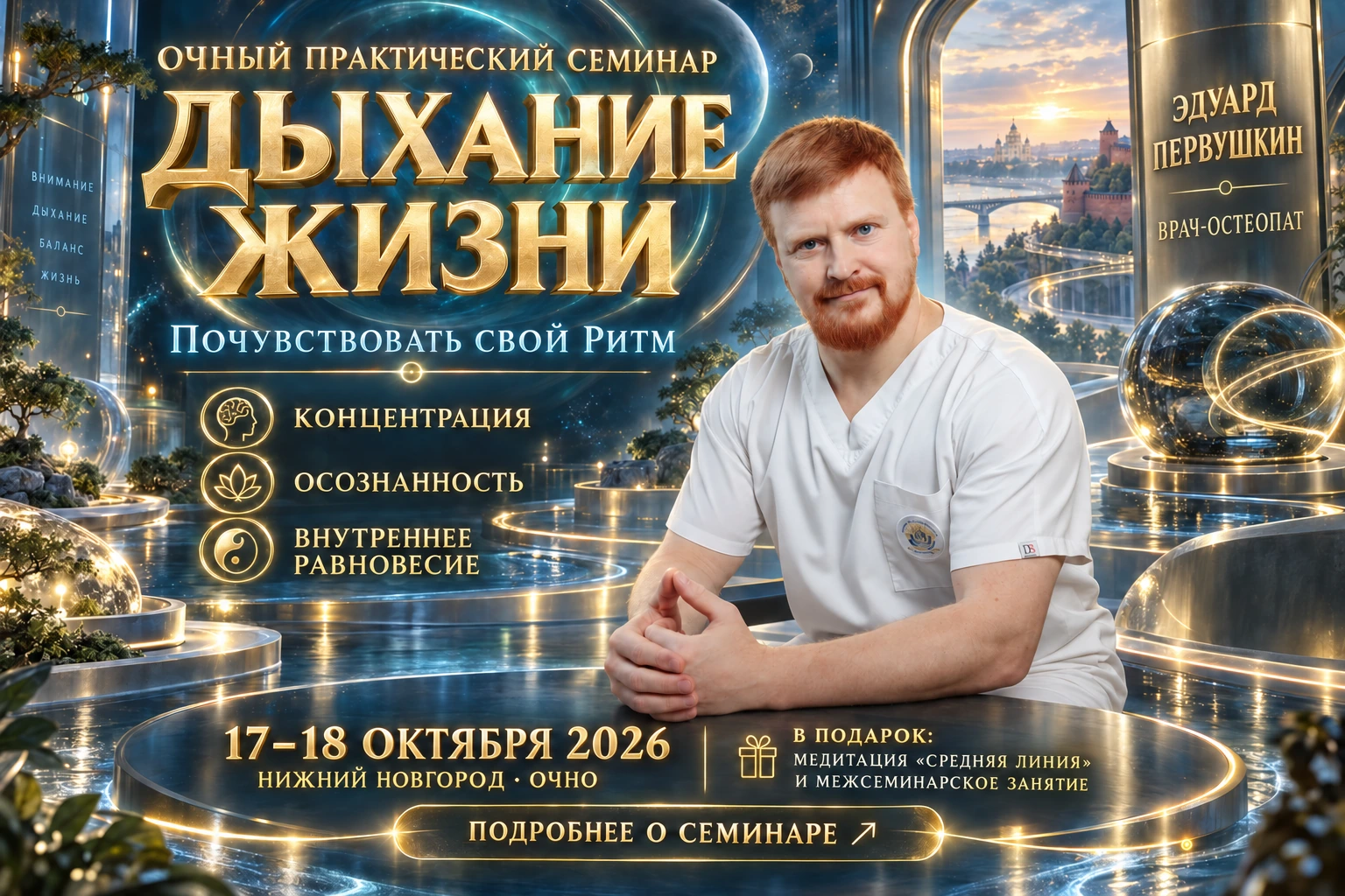 Дыхание жизни. Практический семинар Эдуарда Первушкина. Концентрация, осознанность, внутреннее равновесие. 17–18 октября 2026, Нижний Новгород, очно. Медитация «Средняя линия» и межсеминарское занятие в подарок. Художественная sci-fi композиция на основе фотографии доктора.
