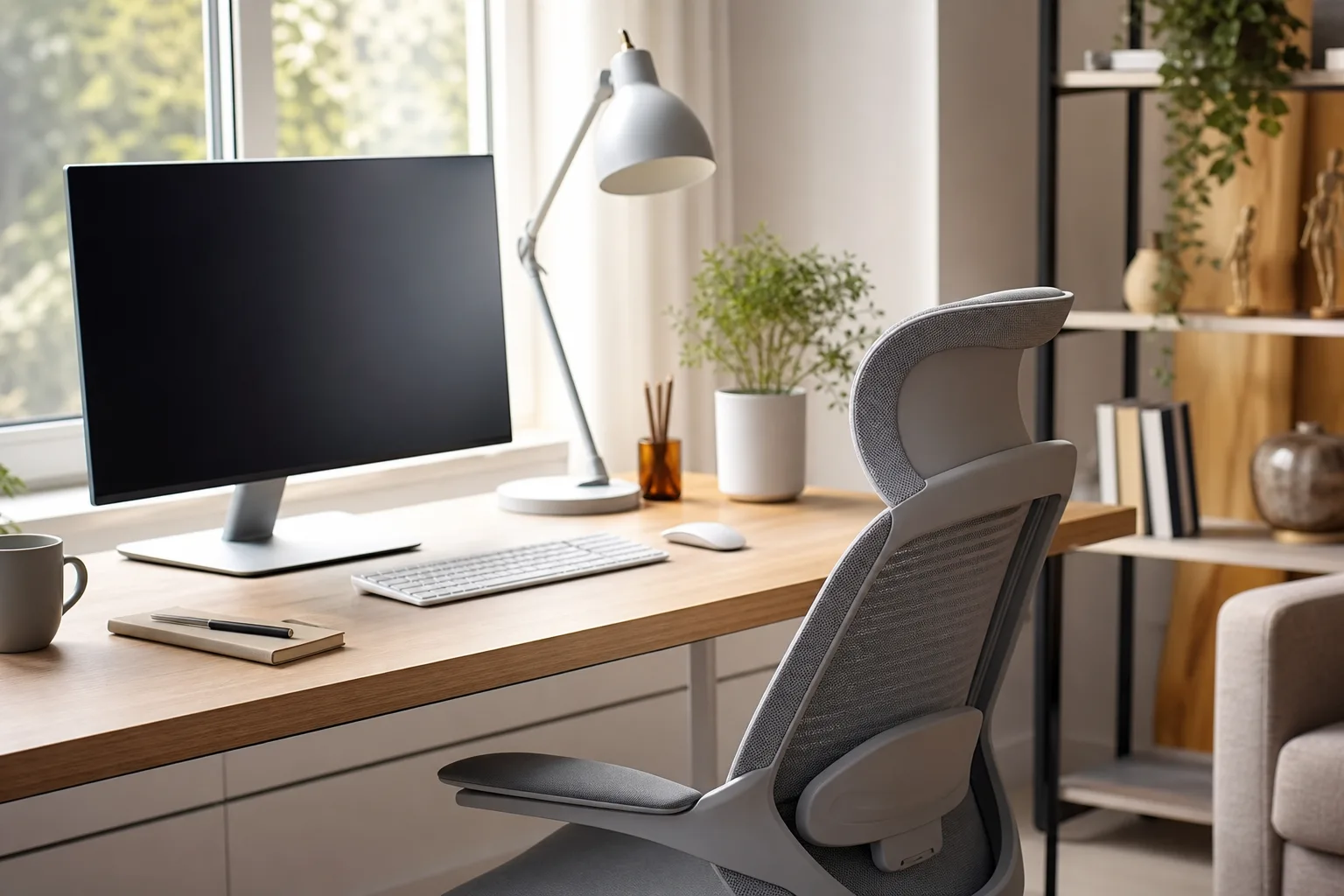 A workstation with a computer and ergonomic chair in a bright interior