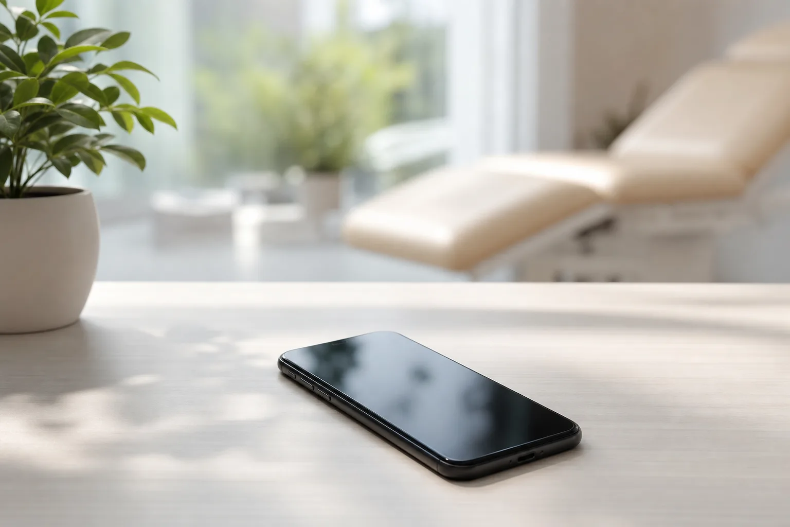 A smartphone with a messenger screen in a light clinic interior
