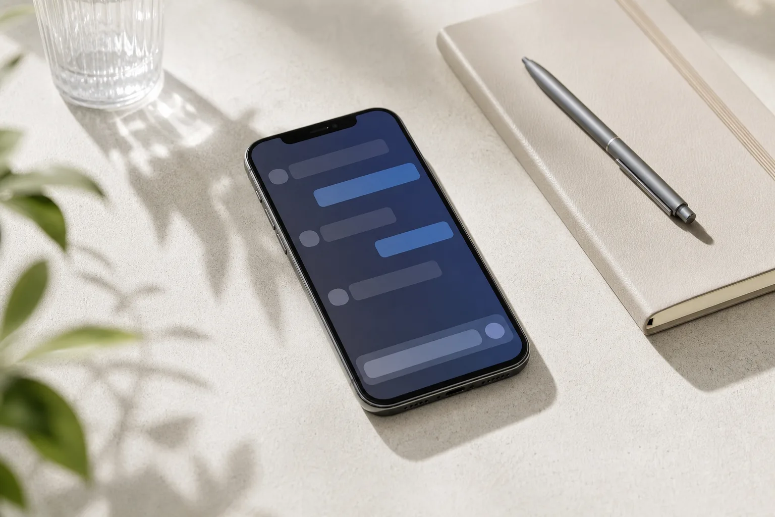 A smartphone with a messaging app open against a neutral background