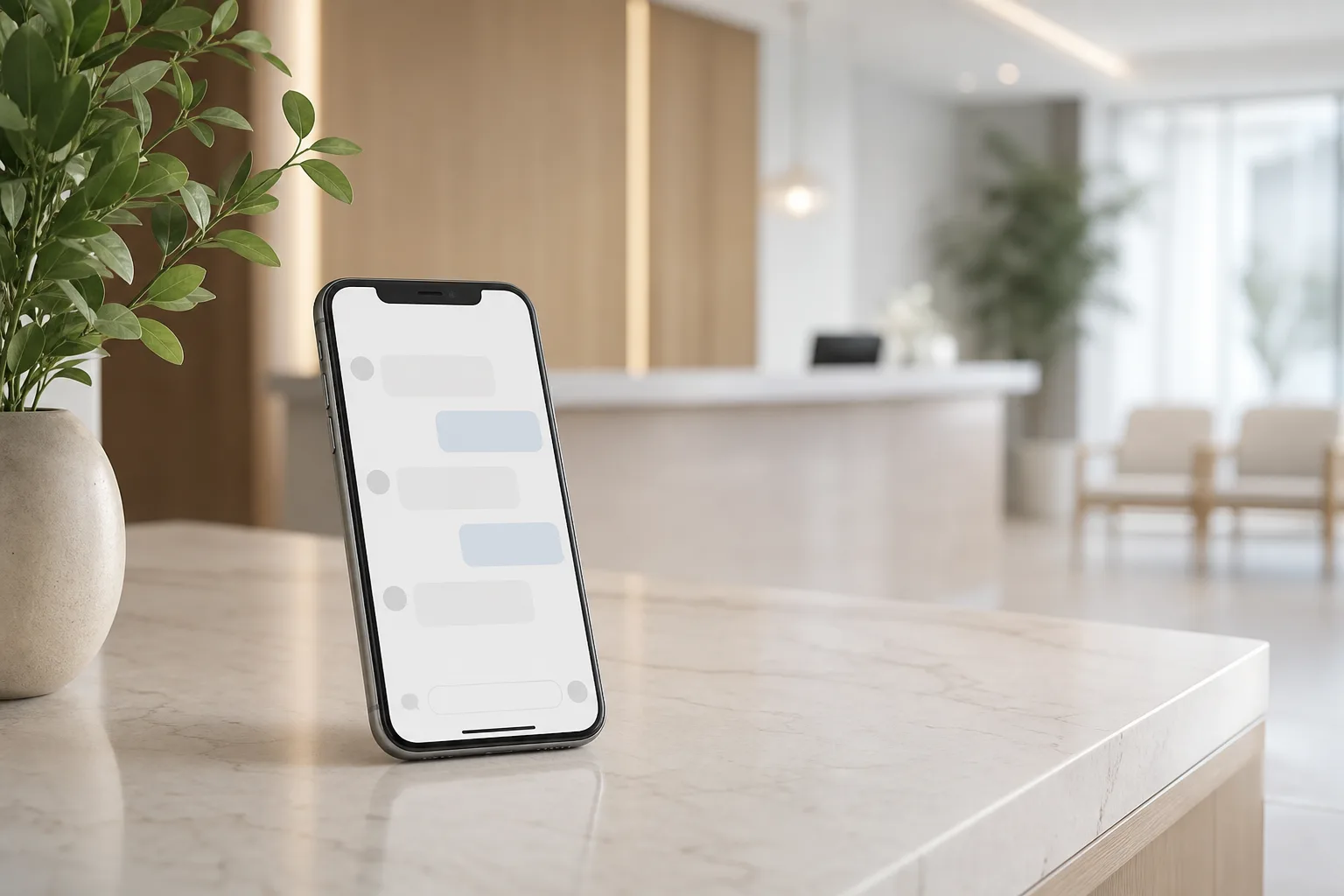 A smartphone with a neutral messaging screen on a desk
