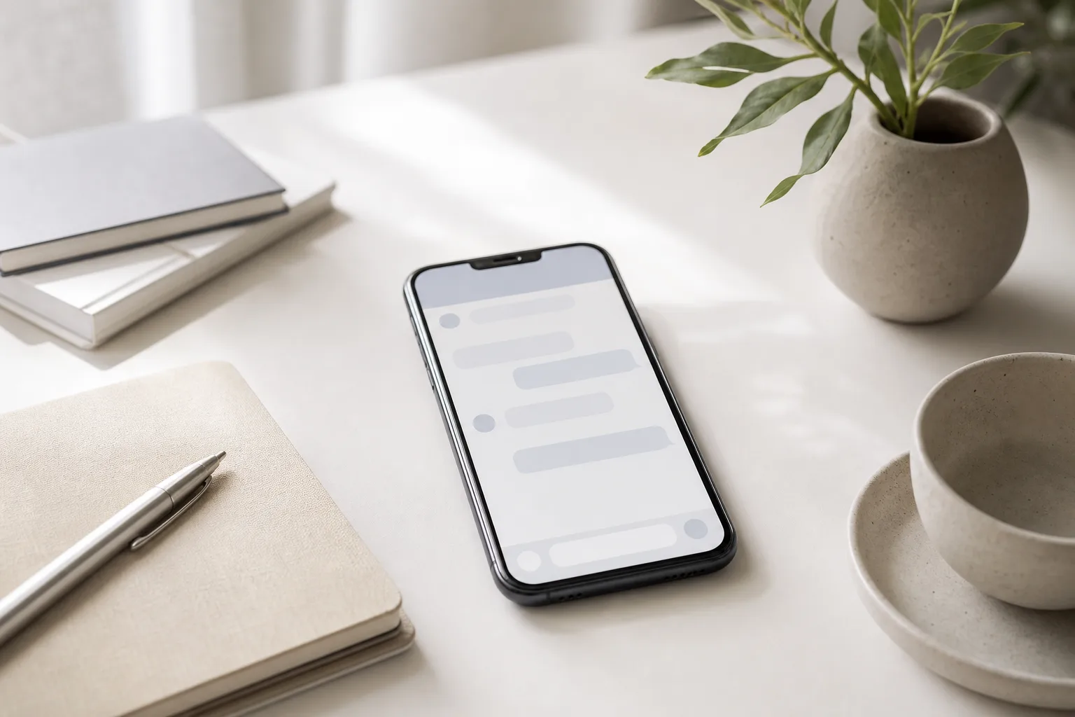 A smartphone with a messaging app open against a neutral background