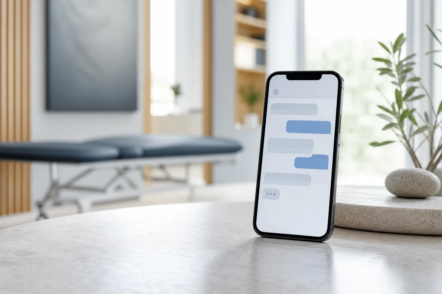 A smartphone with a messaging app open against a neutral background