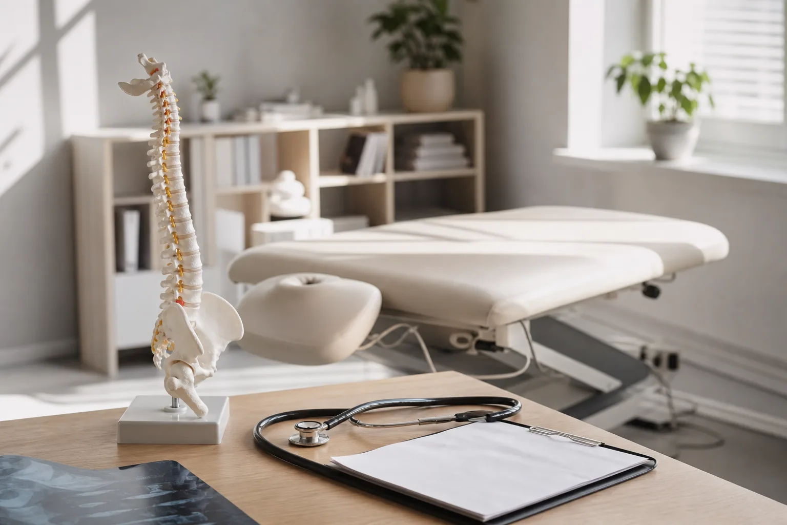 A calm osteopathic doctor’s consulting room with an anatomical model and treatment couch