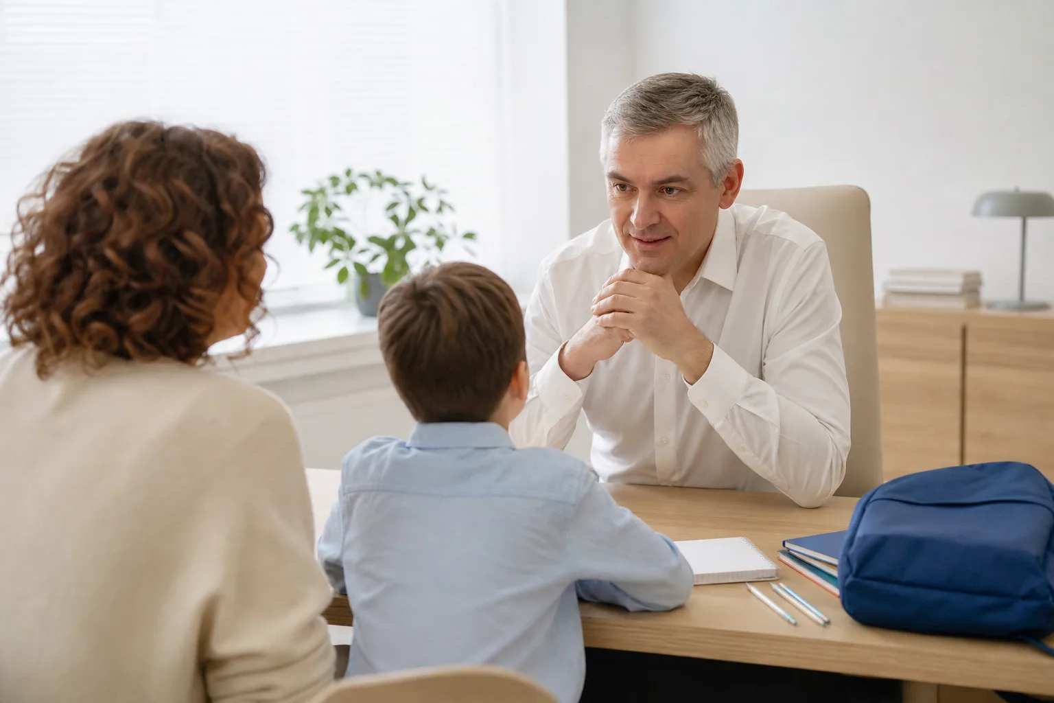 Dr Eduard Pervushkin in a consultation with a primary-school-aged child and parent
