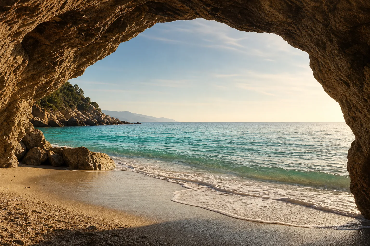 A calm seashore with soft sand and turquoise water