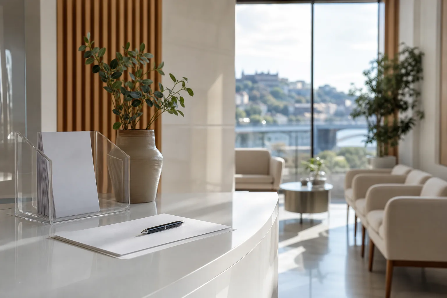 Clinic waiting area with neatly arranged feedback forms