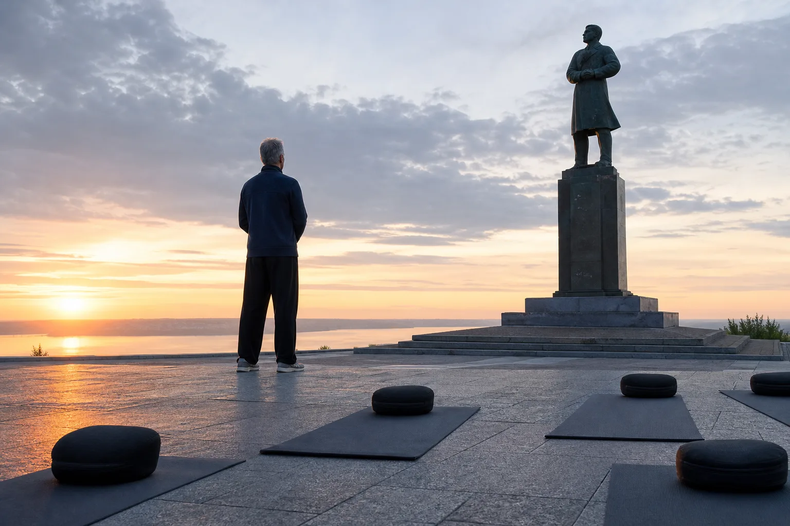Early morning by the Chkalov Monument before a group meditation