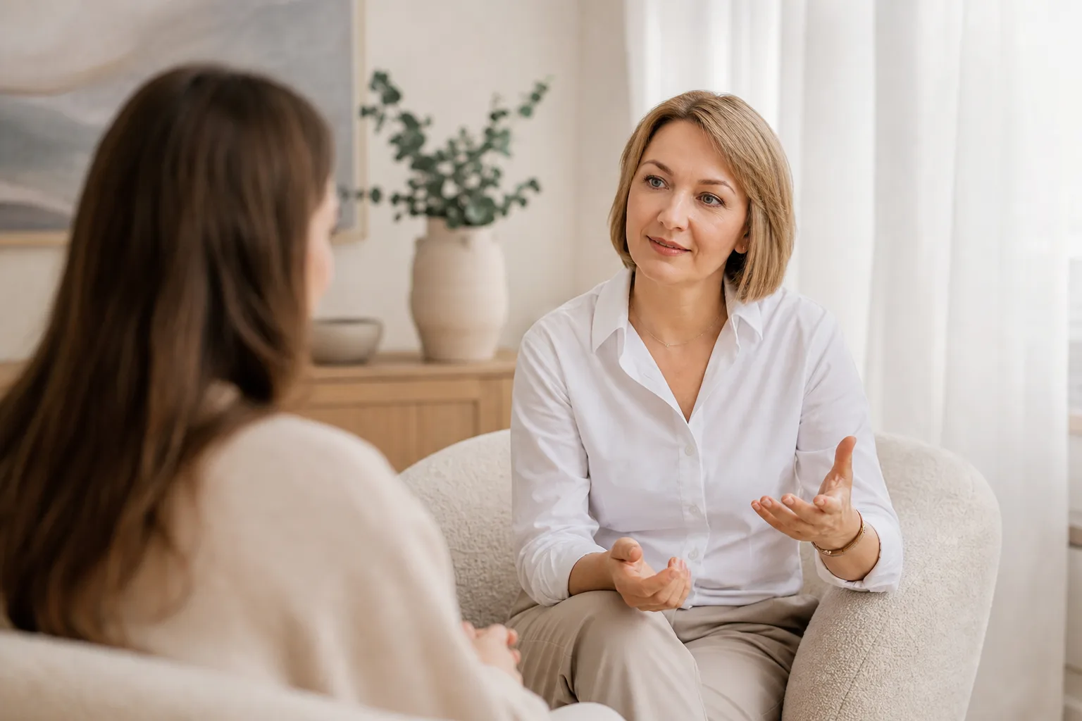 Elena Nikolaevna Sharonova in a calm clinic consultation room